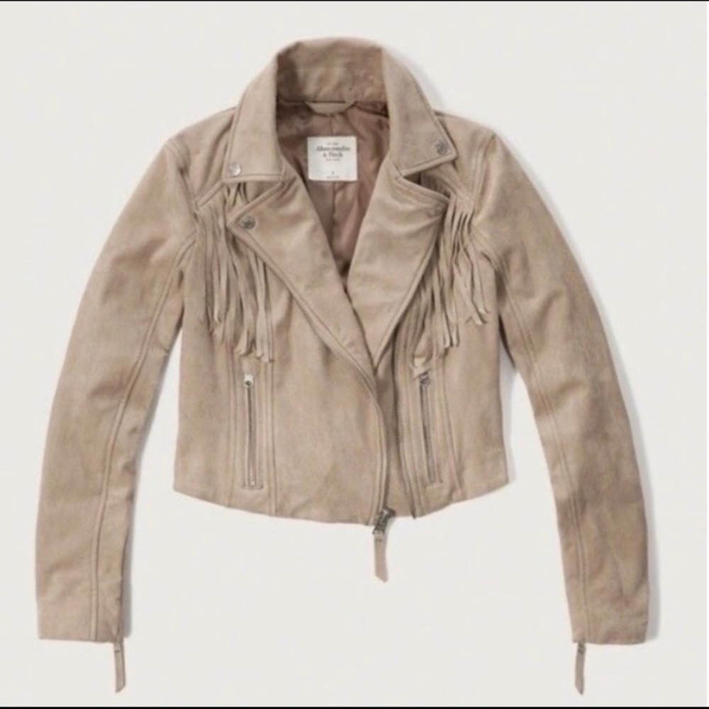 Abercrombie cropped moto tan suede jacket fringe